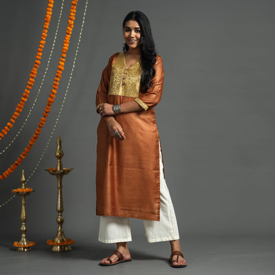 Brown - Plain Tussar Silk Handloom Banarasi Patchwork Straight Kurta