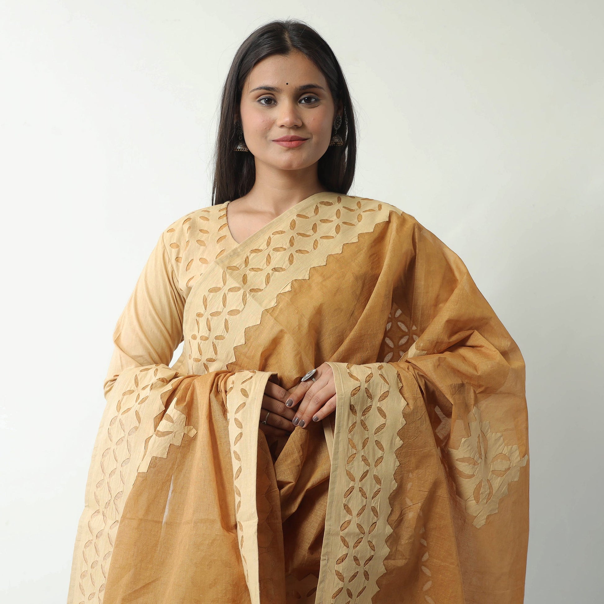Beige - Applique Cut Work Cotton Kurta with Palazzo & Dupatta Set 01