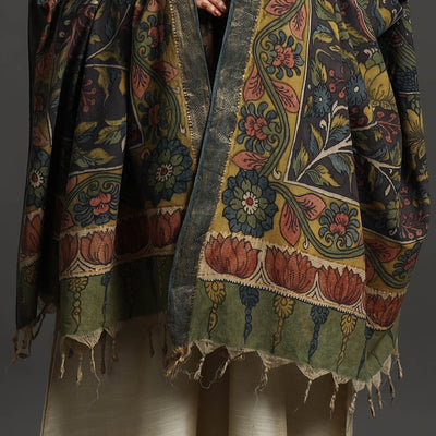 Black - Mangalagiri Cotton Handpainted Pen Work Kalamkari Dupatta 20