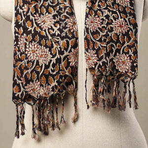 Black - Block Print Cotton Sanganeri Stole with Tassels 217
