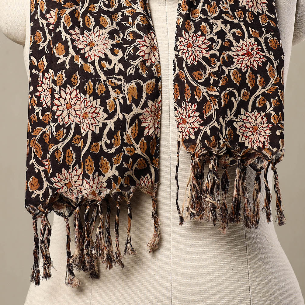 Black - Block Print Cotton Sanganeri Stole with Tassels 217