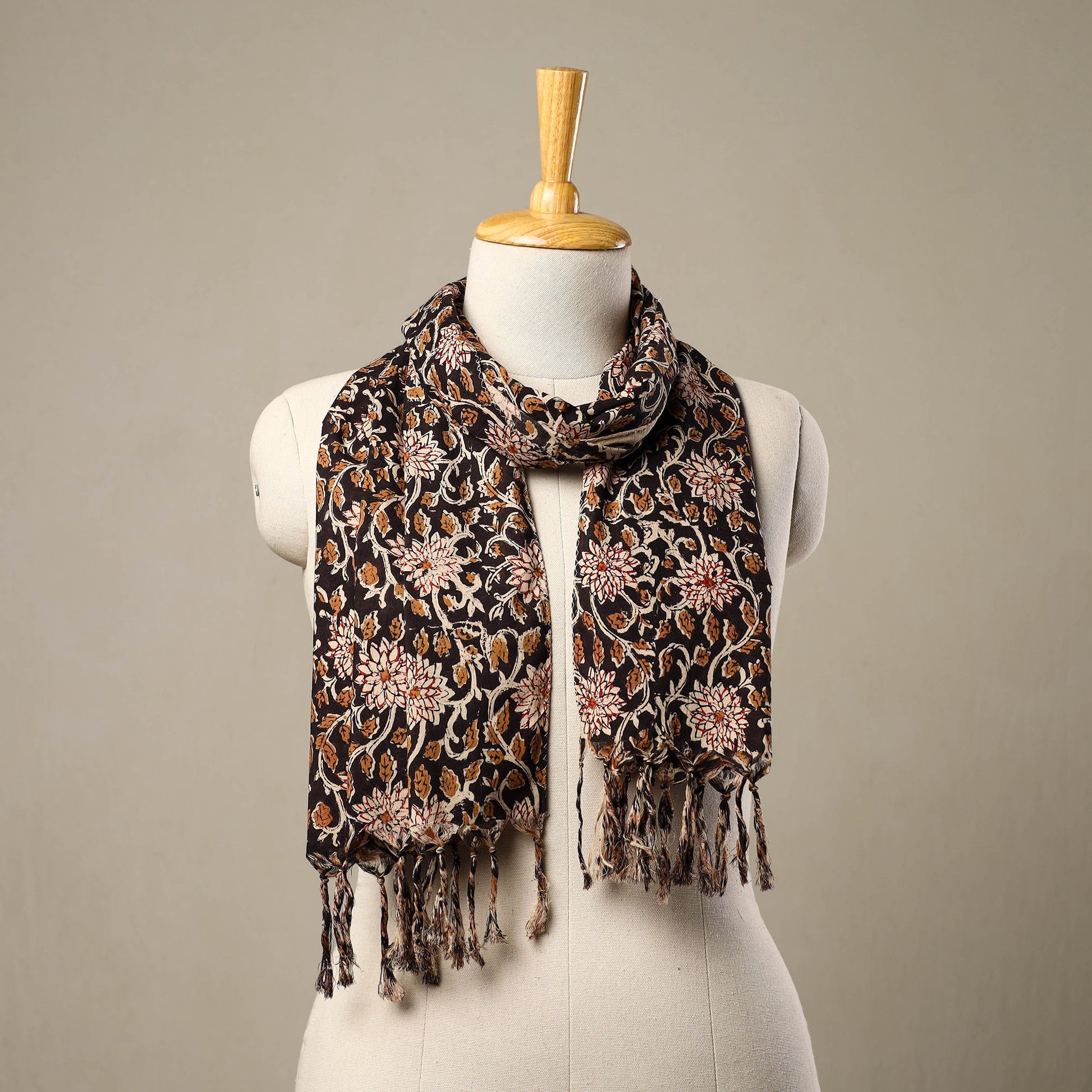 Black - Block Print Cotton Sanganeri Stole with Tassels 217