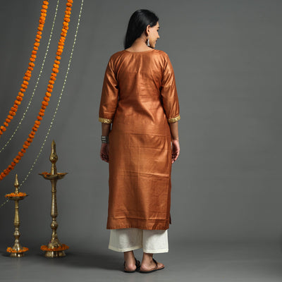 Brown - Plain Tussar Silk Handloom Banarasi Patchwork Straight Kurta