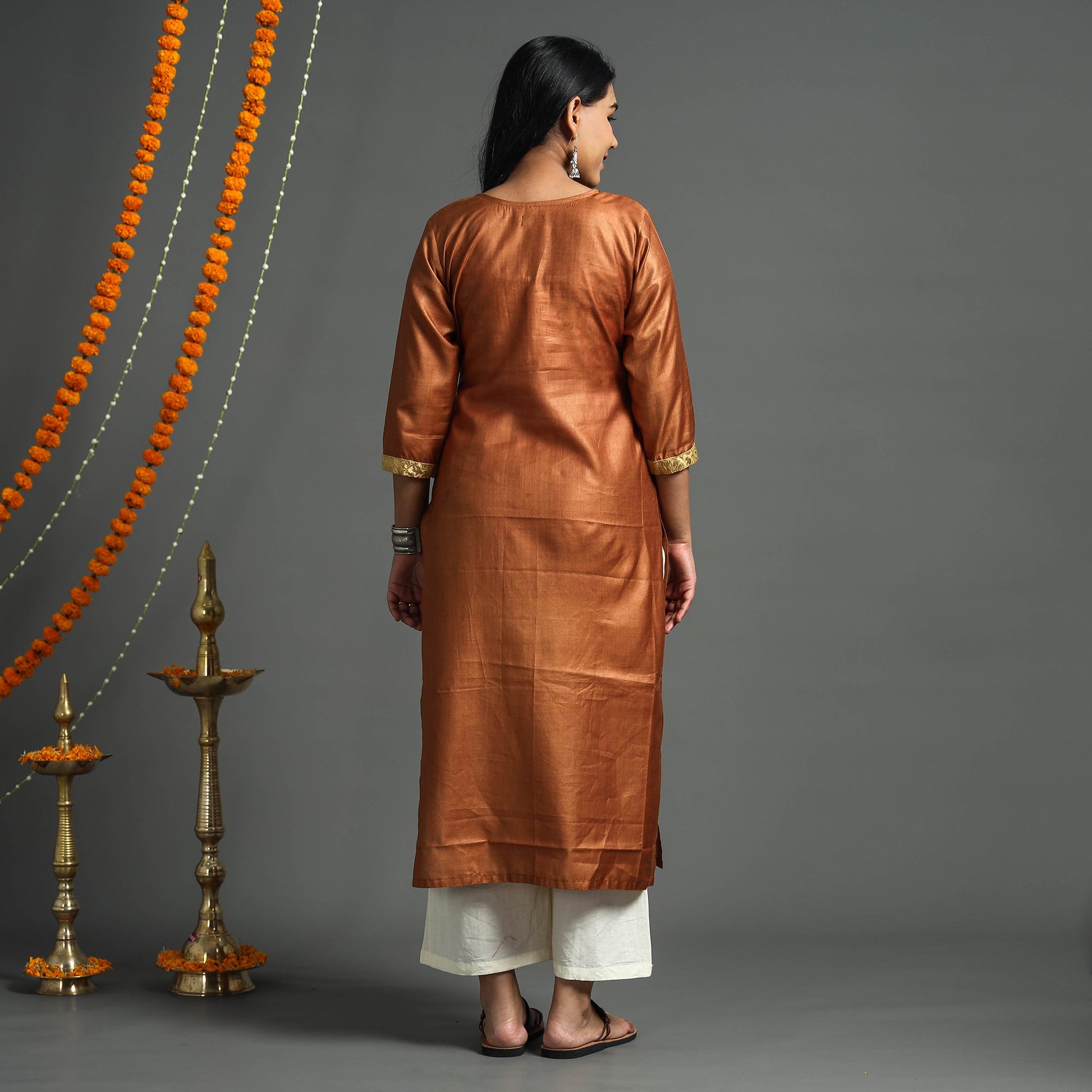 Brown - Plain Tussar Silk Handloom Banarasi Patchwork Straight Kurta