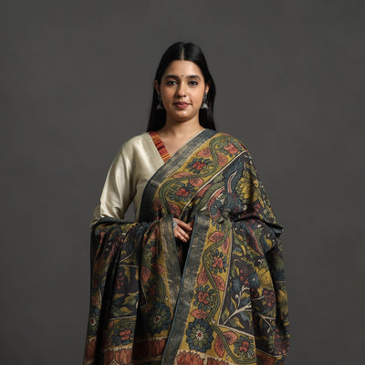 Black - Mangalagiri Cotton Handpainted Pen Work Kalamkari Dupatta 20