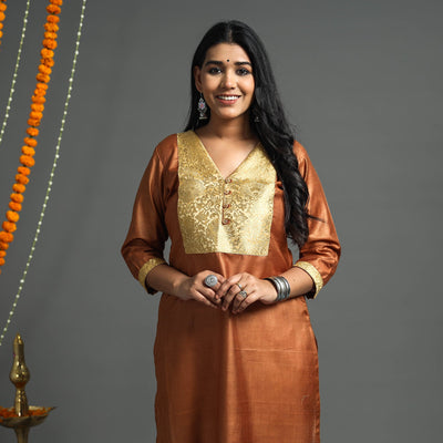 Brown - Plain Tussar Silk Handloom Banarasi Patchwork Straight Kurta