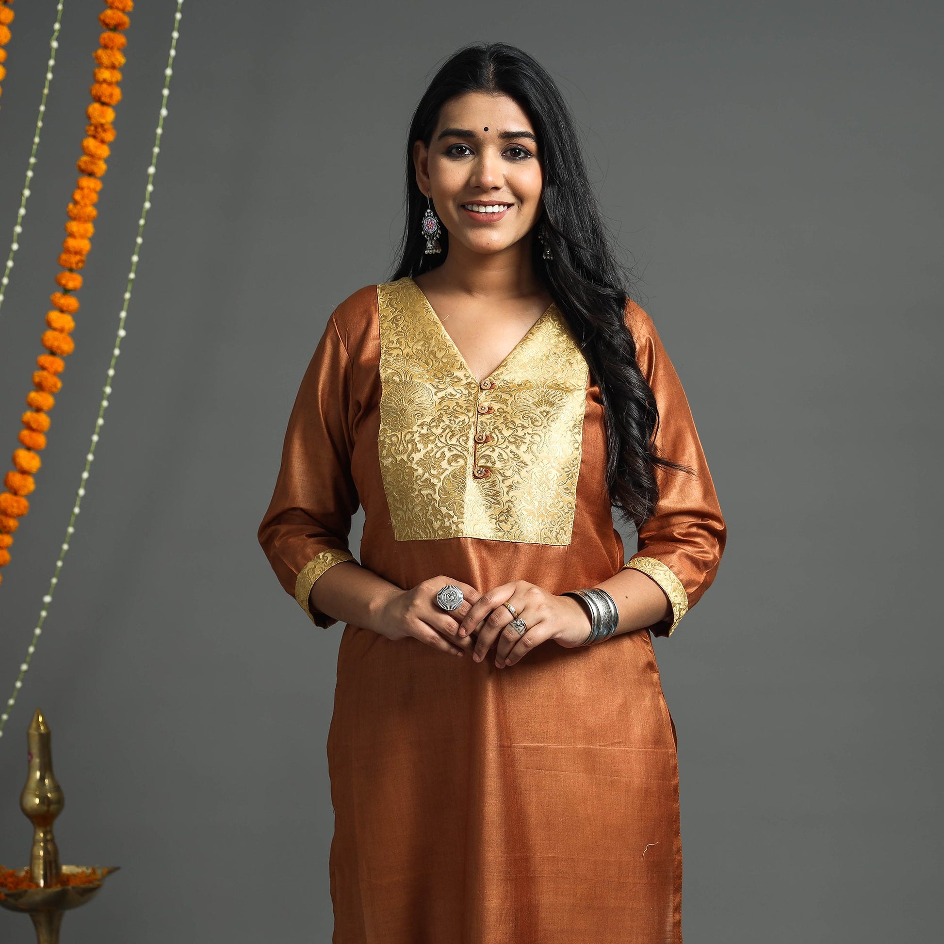Brown - Plain Tussar Silk Handloom Banarasi Patchwork Straight Kurta