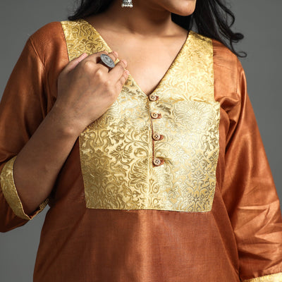 Brown - Plain Tussar Silk Handloom Banarasi Patchwork Straight Kurta