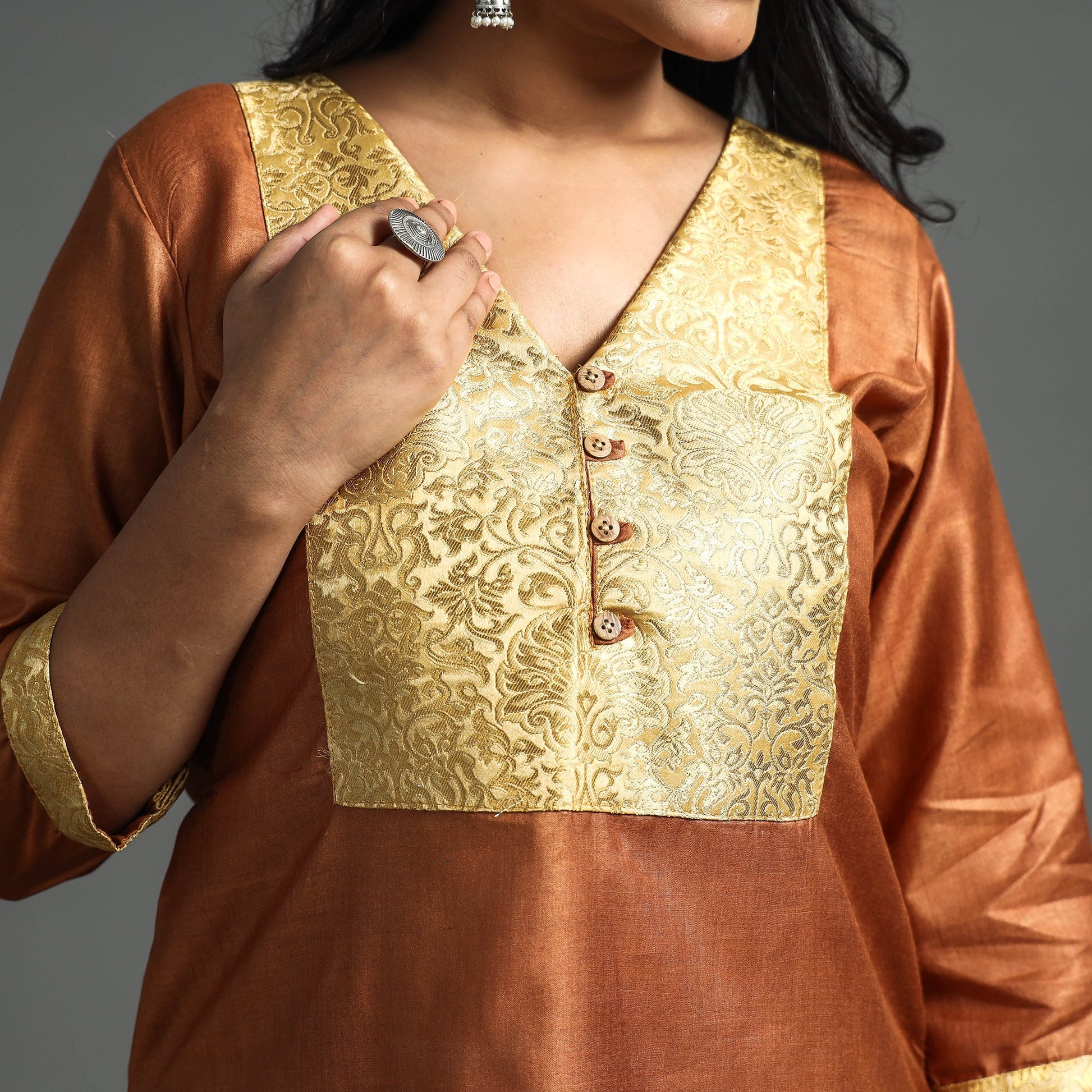 Brown - Plain Tussar Silk Handloom Banarasi Patchwork Straight Kurta