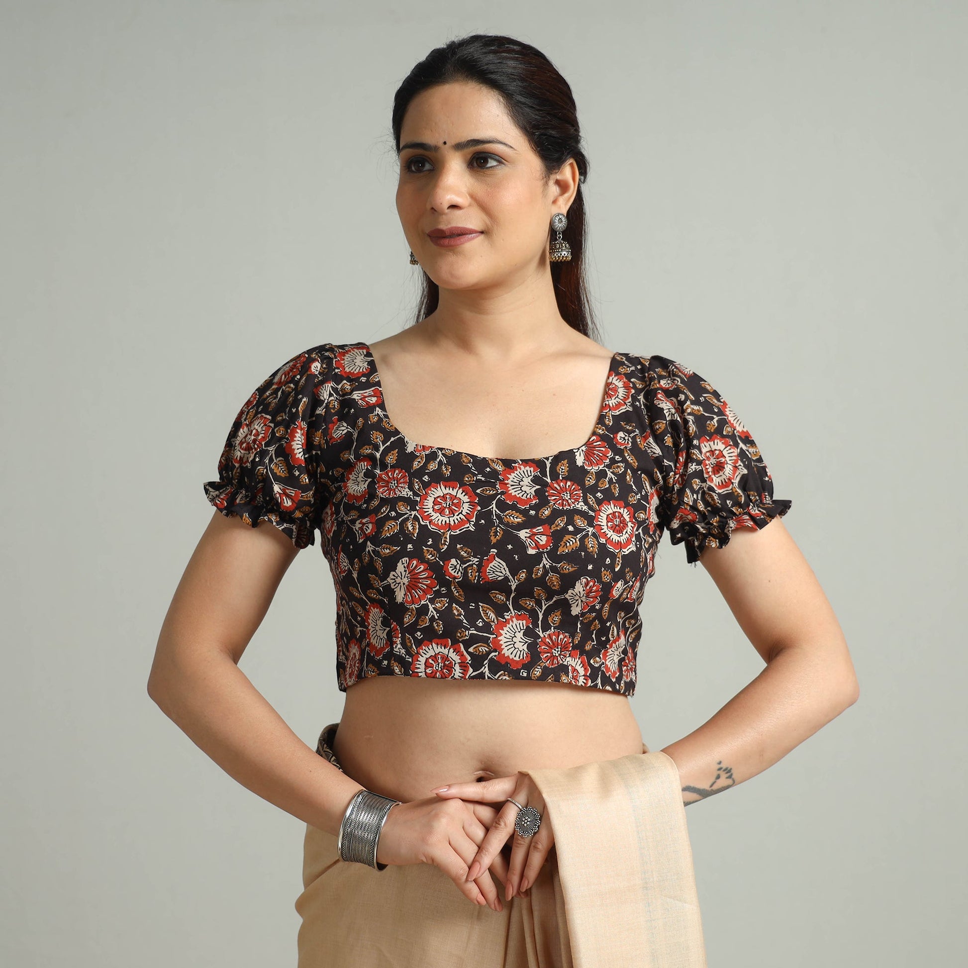 Black - Bagh Bagru Block Printed Cotton Stitched Blouse 09