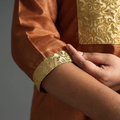 Brown - Plain Tussar Silk Handloom Banarasi Patchwork Straight Kurta