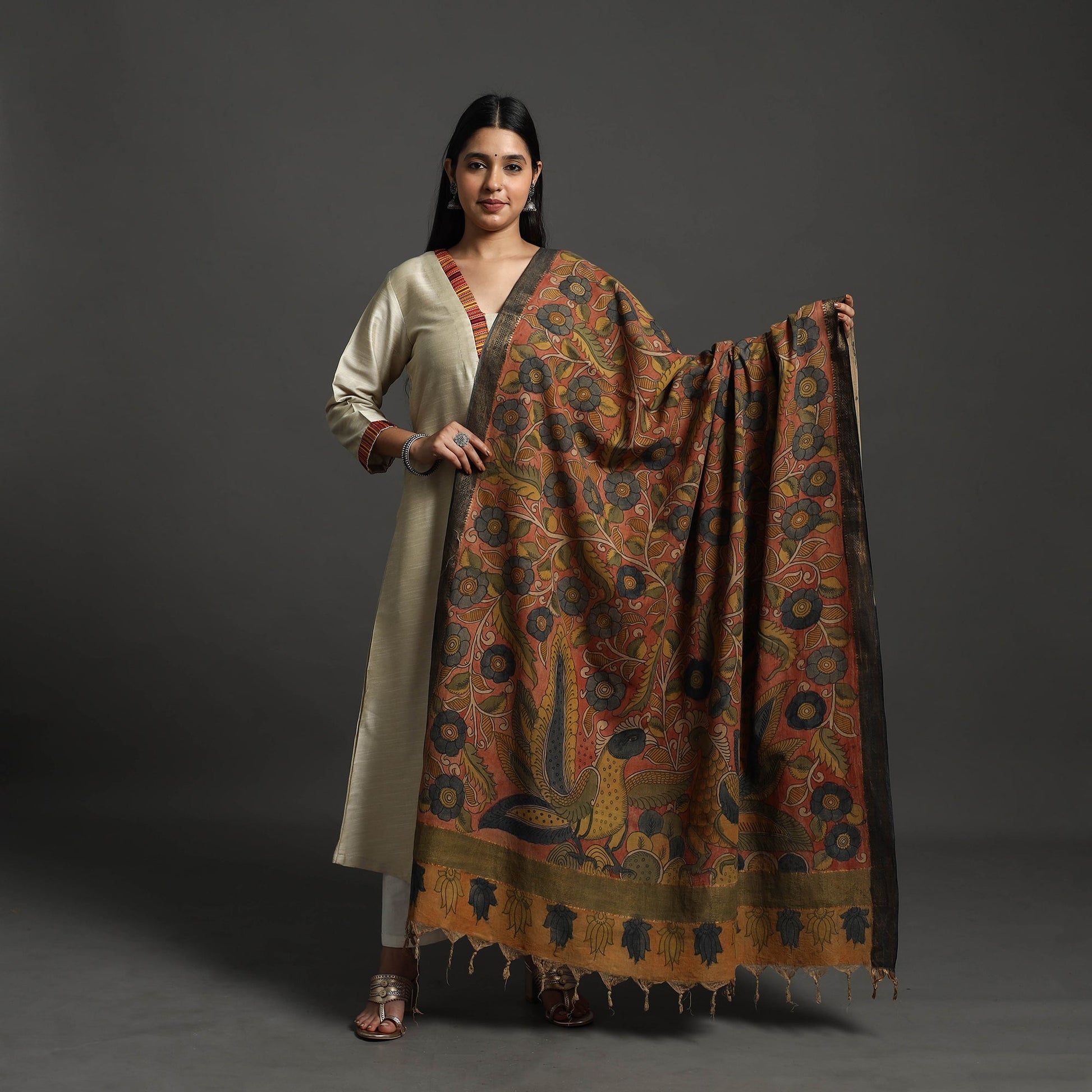 Brown - Mangalagiri Cotton Handpainted Pen Work Kalamkari Dupatta 18