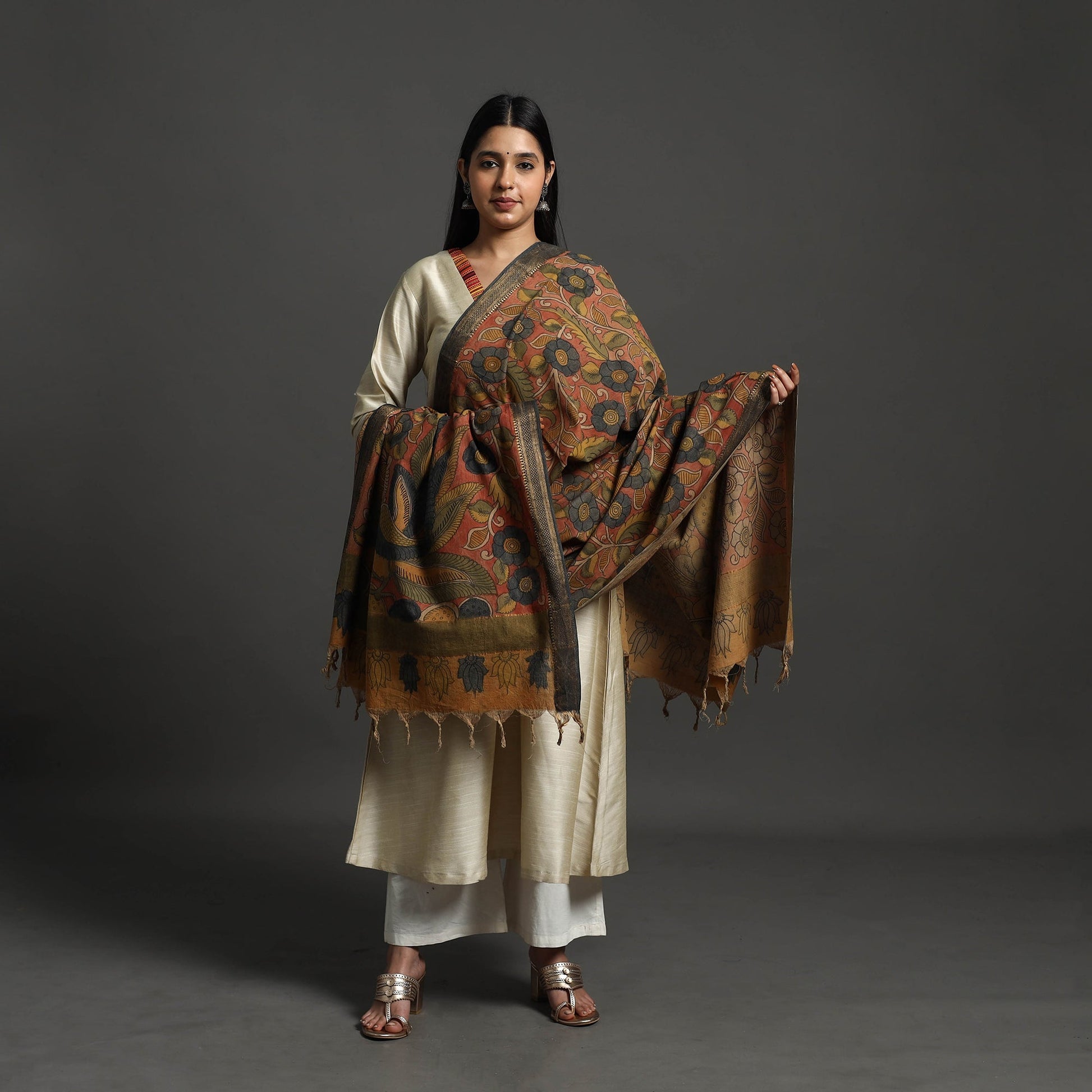 Brown - Mangalagiri Cotton Handpainted Pen Work Kalamkari Dupatta 18