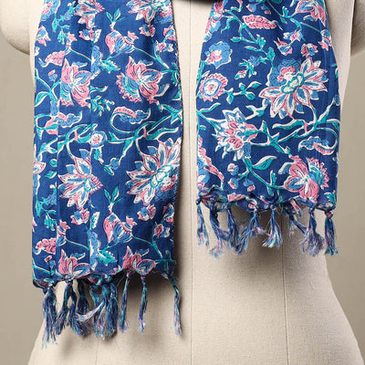 Blue - Block Print Cotton Sanganeri Stole with Tassels 226