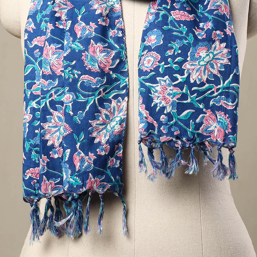 Blue - Block Print Cotton Sanganeri Stole with Tassels 226