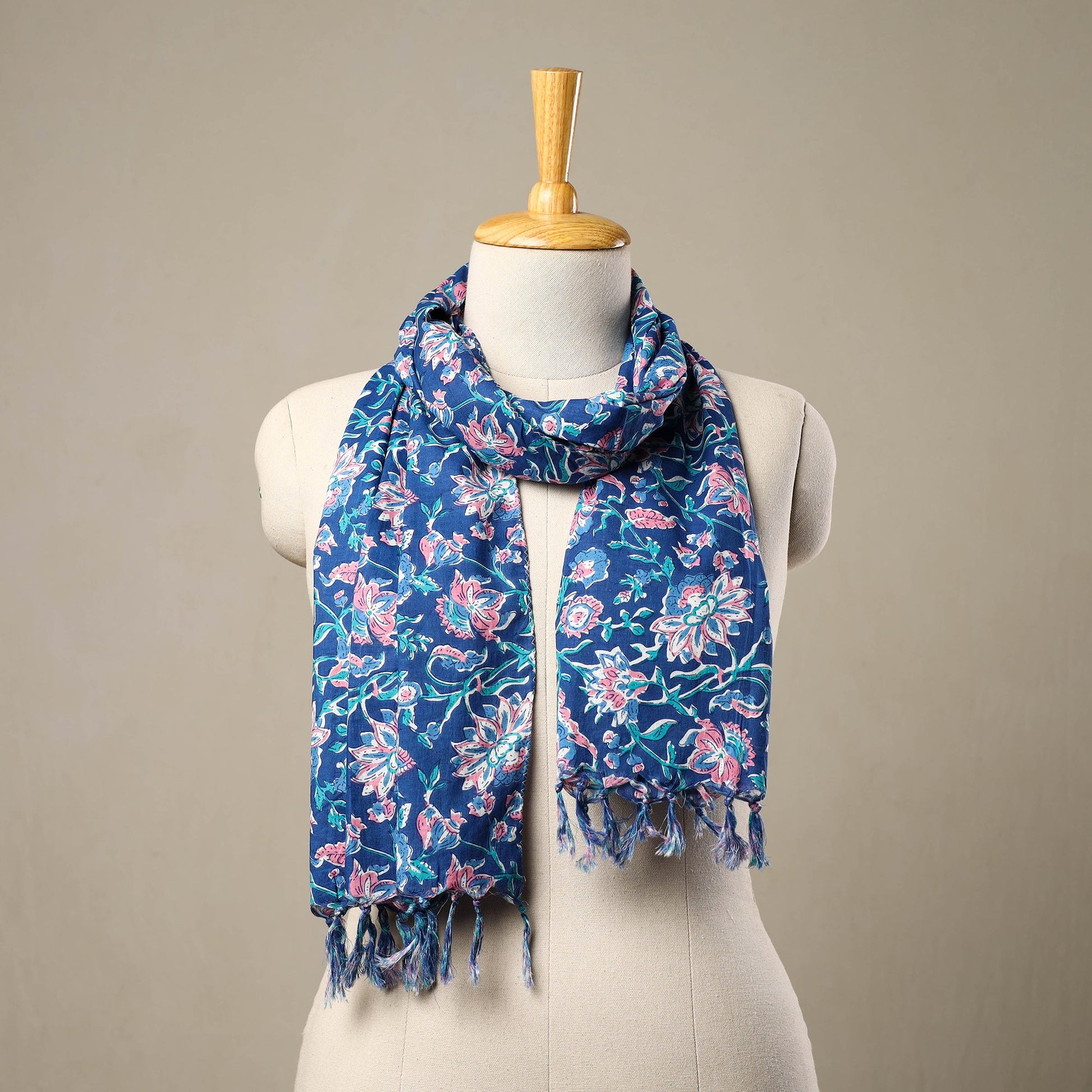 Blue - Block Print Cotton Sanganeri Stole with Tassels 226