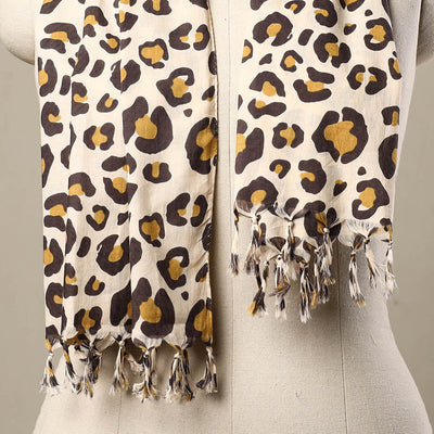 Beige - Block Print Cotton Sanganeri Stole with Tassels 227