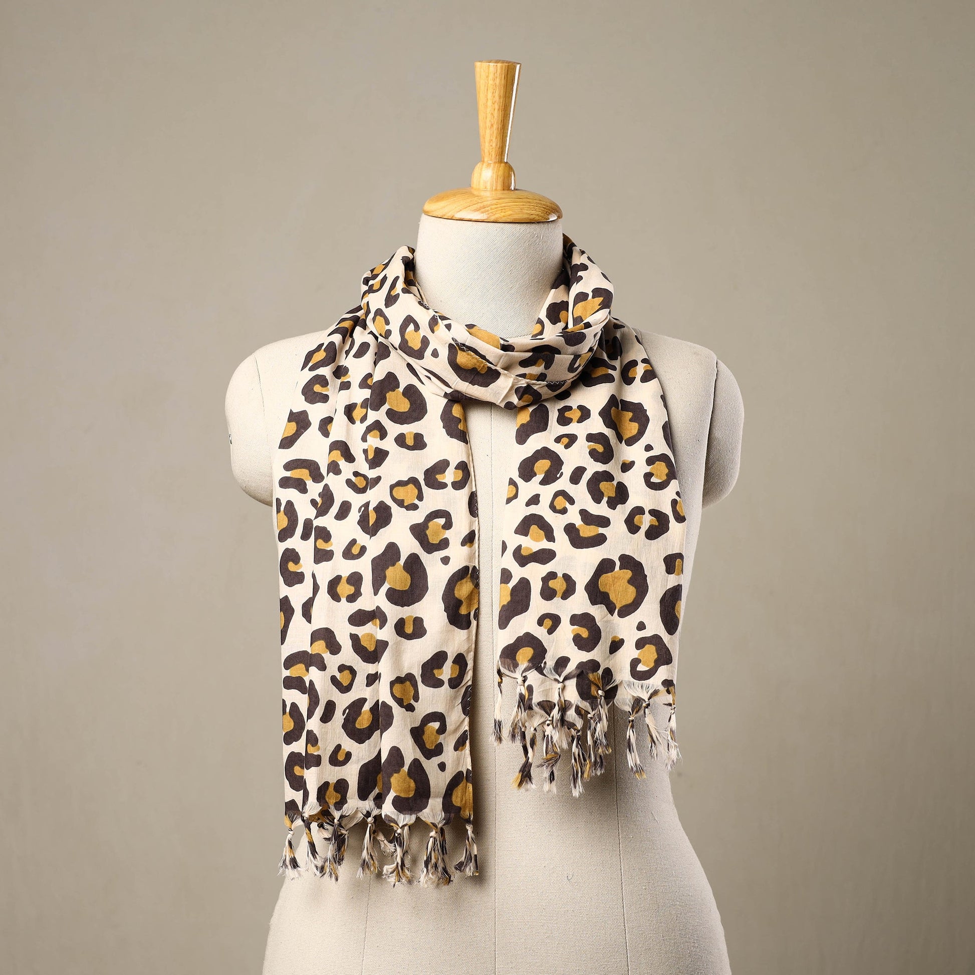 Beige - Block Print Cotton Sanganeri Stole with Tassels 227