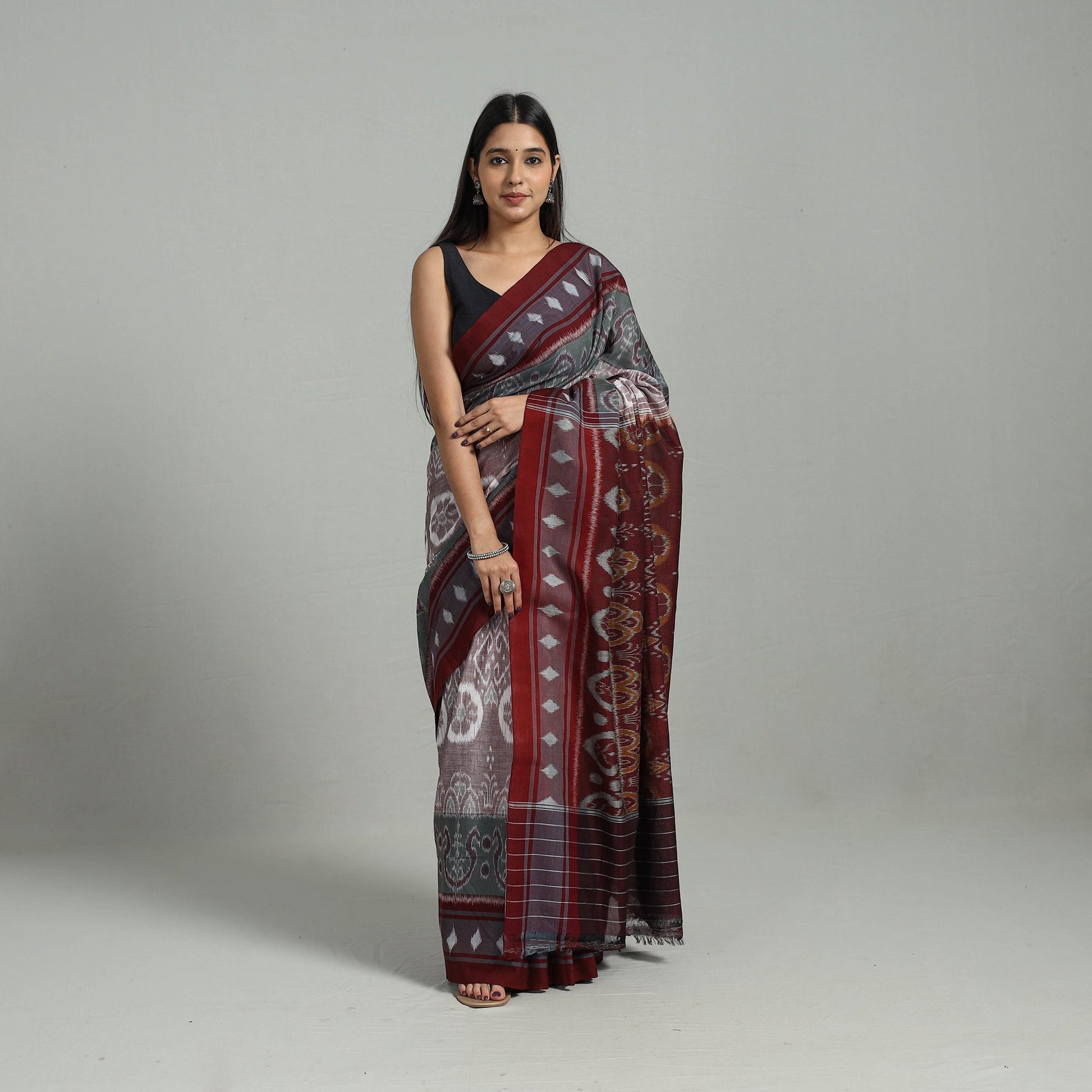 Brown - Ikat Weave Handloom Cotton Sambalpuri Saree 01