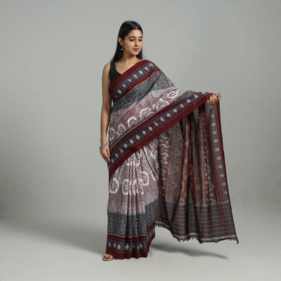 Brown - Ikat Weave Handloom Cotton Sambalpuri Saree 01