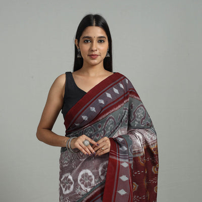 Brown - Ikat Weave Handloom Cotton Sambalpuri Saree 01