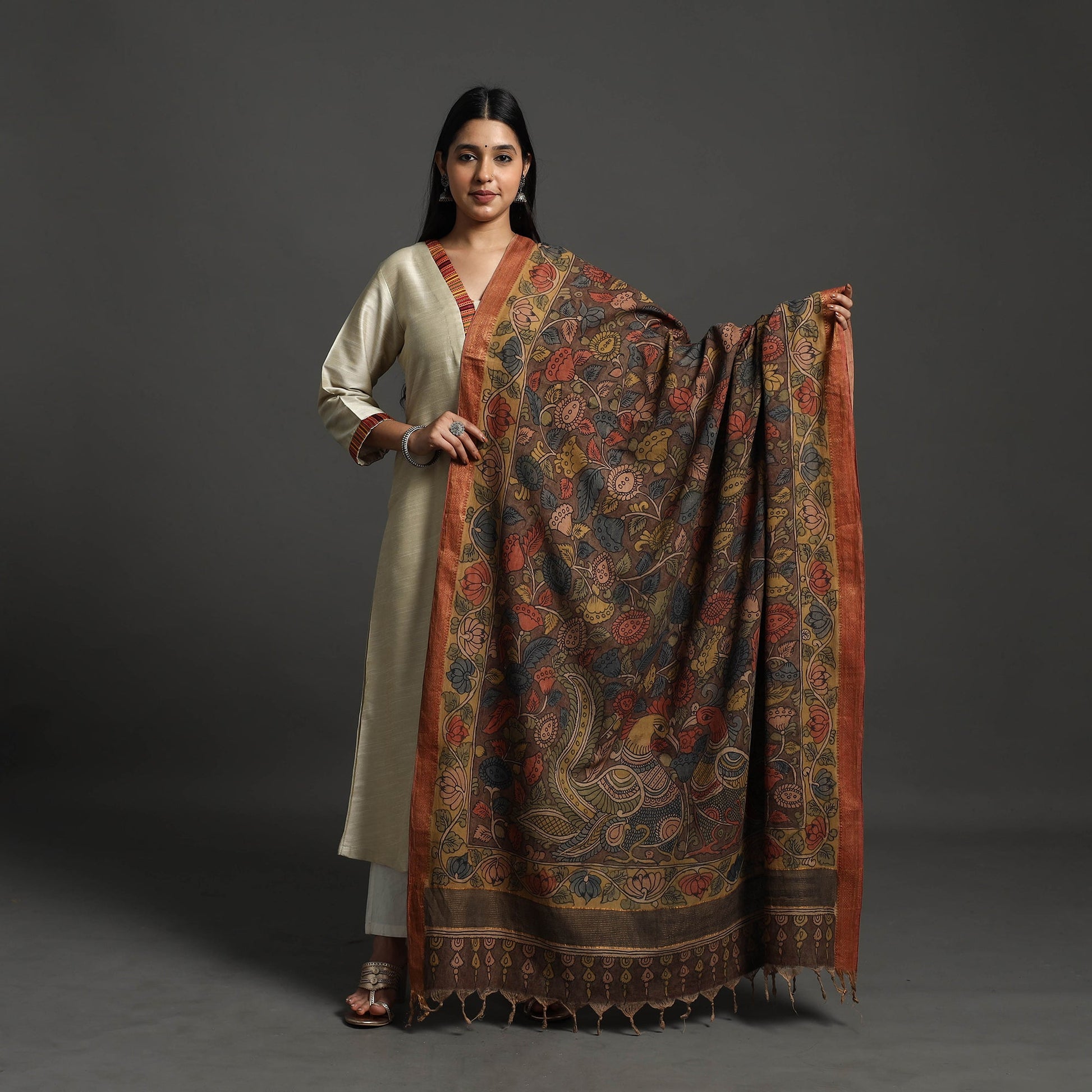 Brown - Mangalagiri Cotton Handpainted Pen Work Kalamkari Dupatta 13