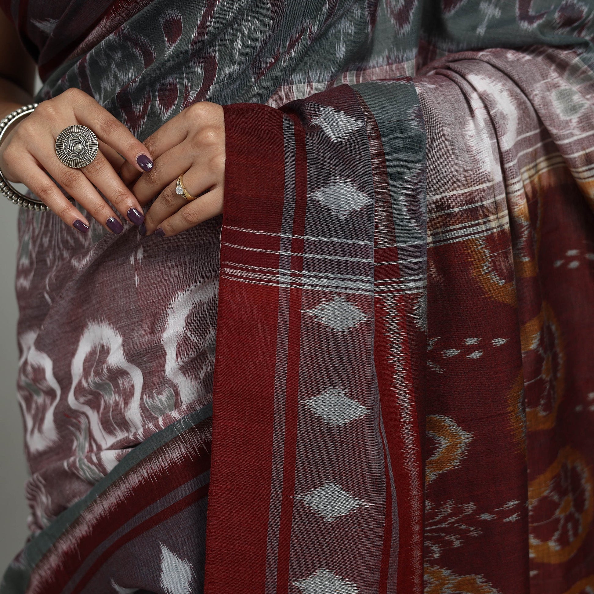 Brown - Ikat Weave Handloom Cotton Sambalpuri Saree 01