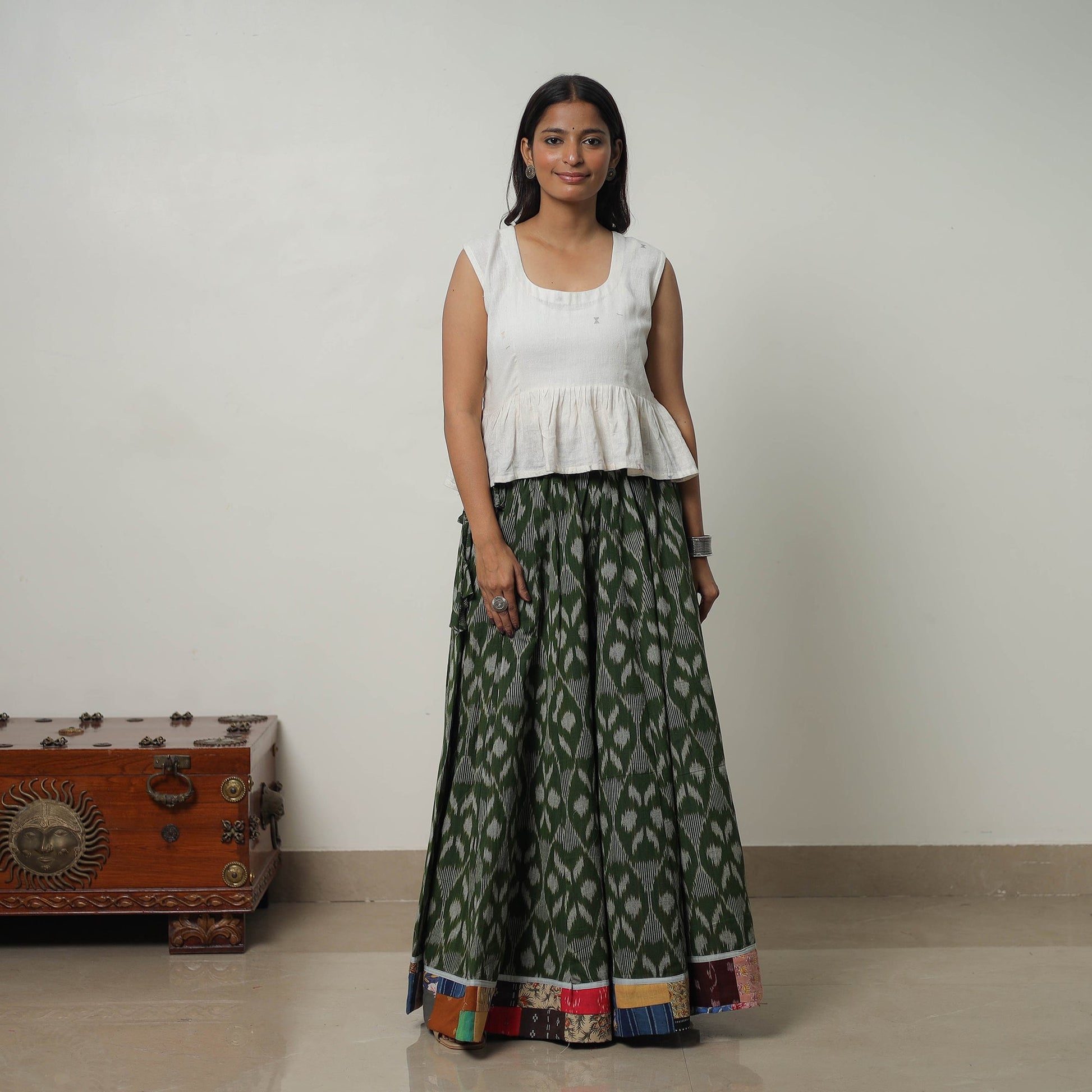 Green - 24 Kali Cotton Pochampally Ikat Skirt 31