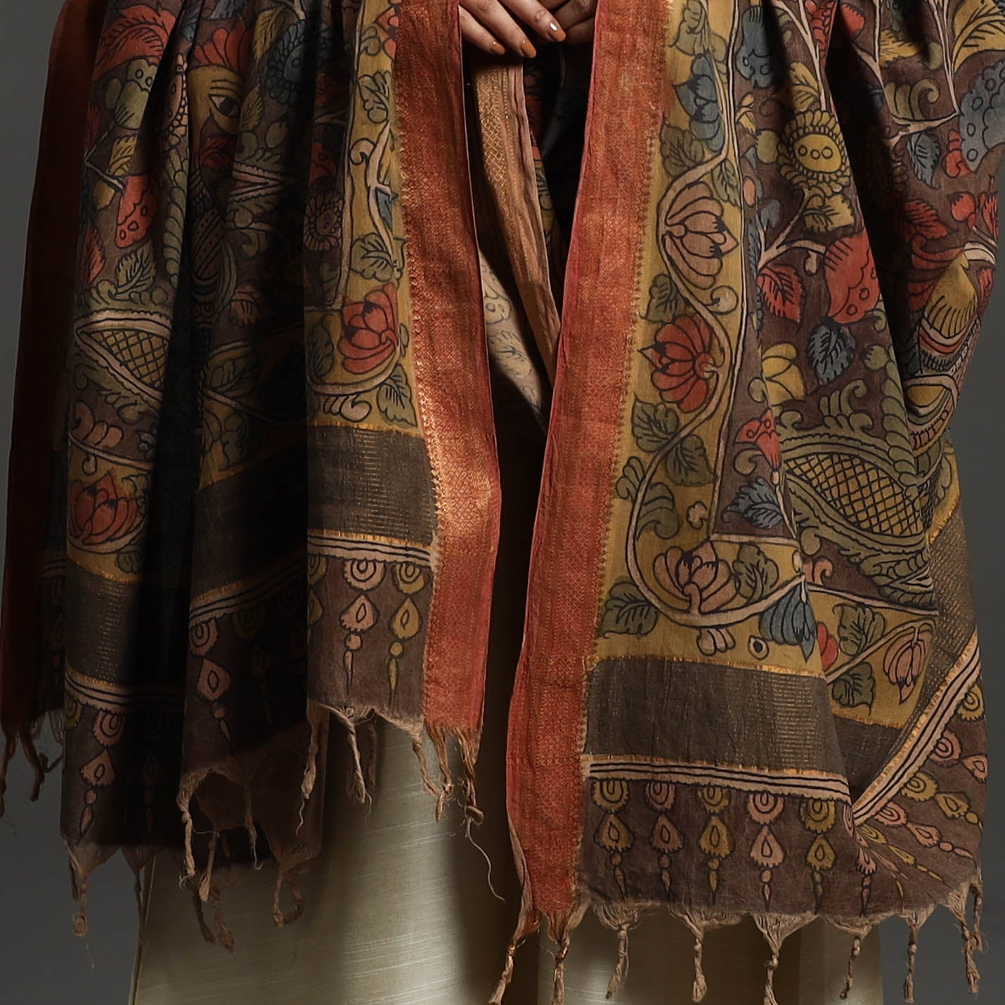 Brown - Mangalagiri Cotton Handpainted Pen Work Kalamkari Dupatta 13