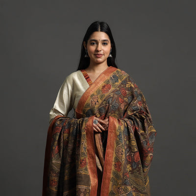 Brown - Mangalagiri Cotton Handpainted Pen Work Kalamkari Dupatta 13