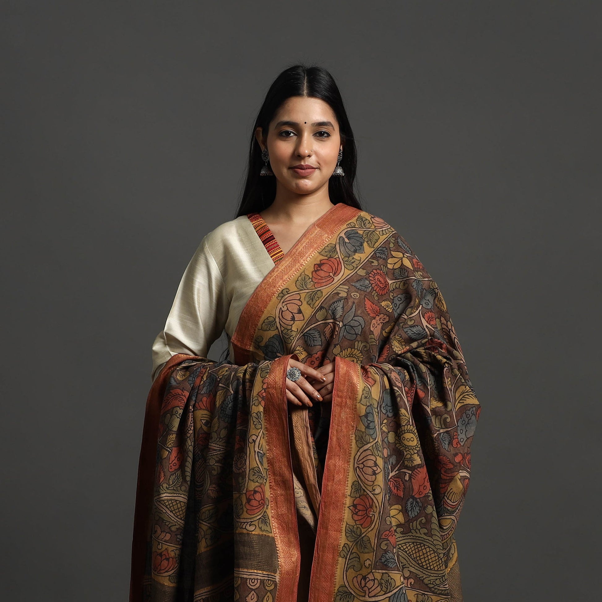 Brown - Mangalagiri Cotton Handpainted Pen Work Kalamkari Dupatta 13