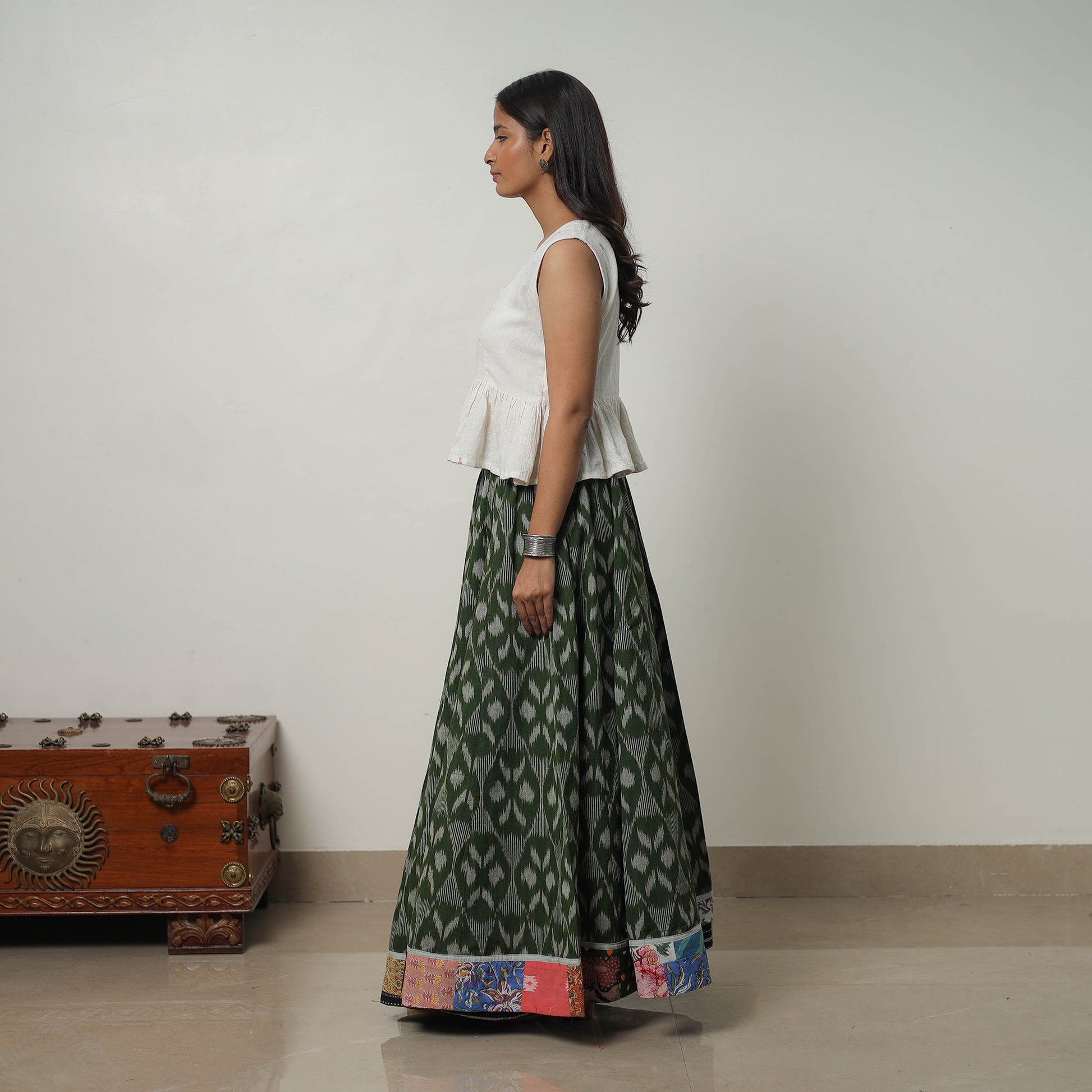 Green - 24 Kali Cotton Pochampally Ikat Skirt 31