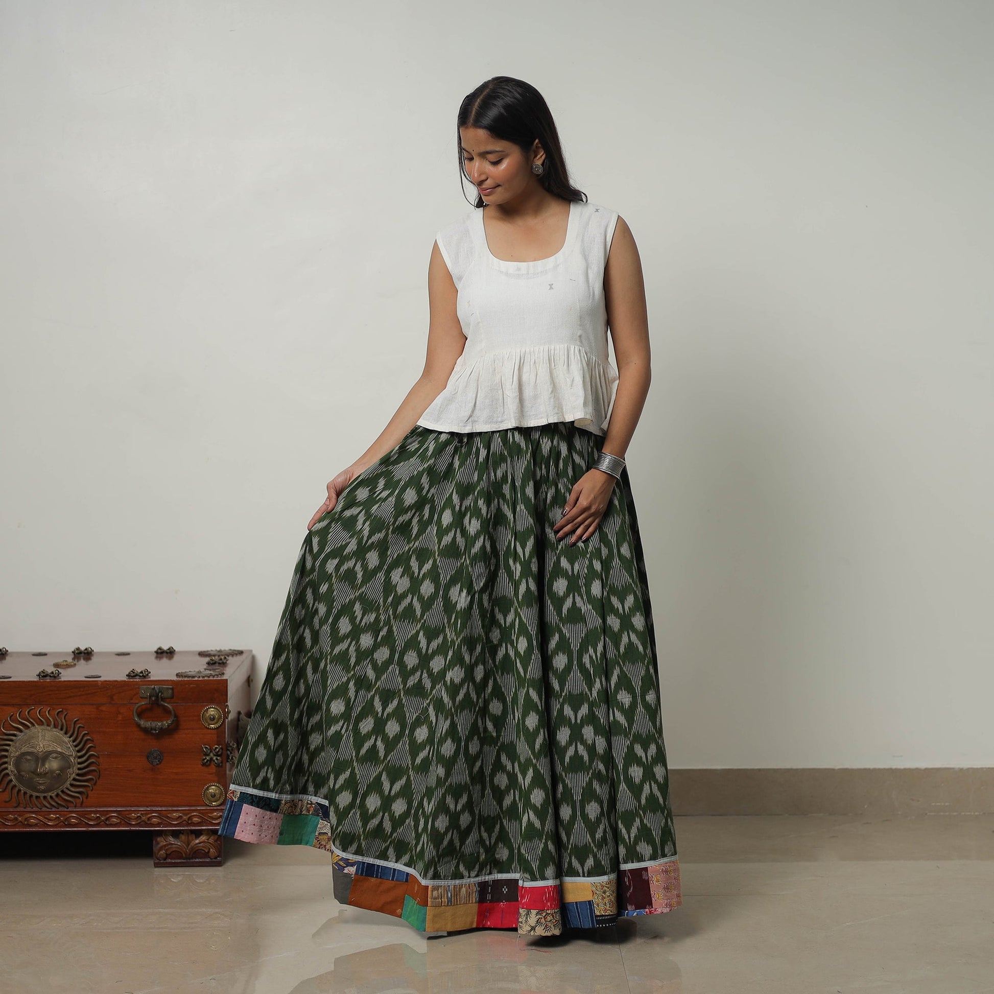 Green - 24 Kali Cotton Pochampally Ikat Skirt 31