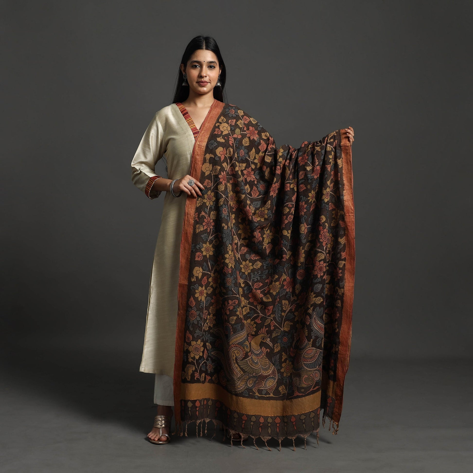 Brown - Mangalagiri Cotton Handpainted Pen Work Kalamkari Dupatta 11