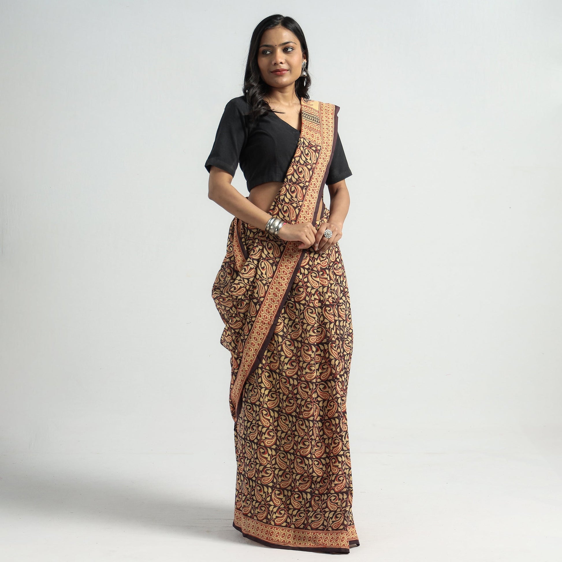 Brown - Bagh Hand Block Printed Cotton Saree