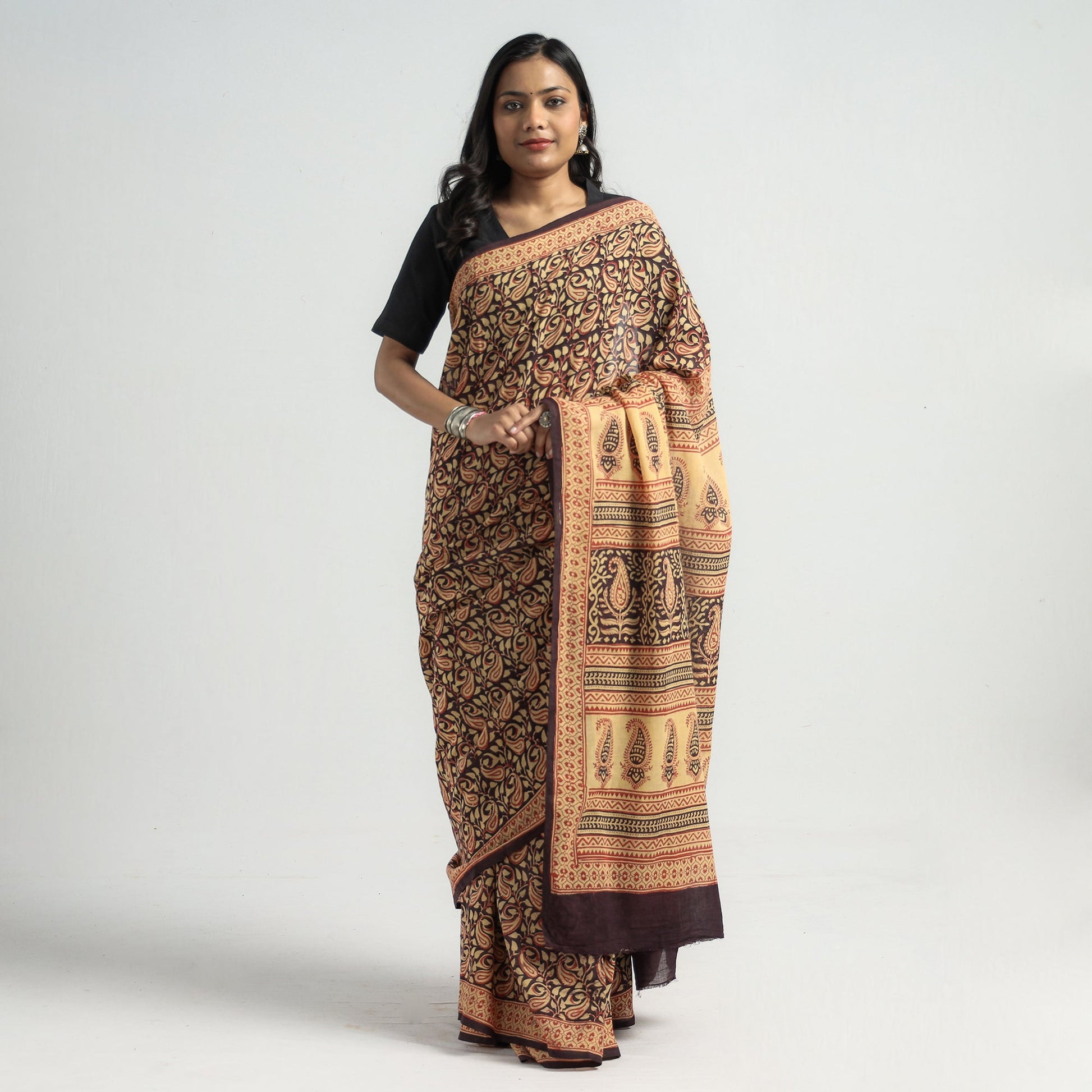 Brown - Bagh Hand Block Printed Cotton Saree