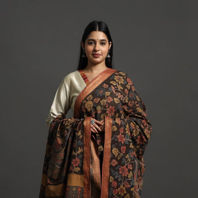 Brown - Mangalagiri Cotton Handpainted Pen Work Kalamkari Dupatta 11