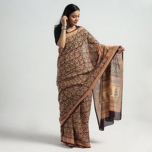 Brown - Bagh Hand Block Printed Cotton Saree