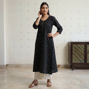 Black - Pochampally Ikat Weave Cotton A-Line Long Kurta 32