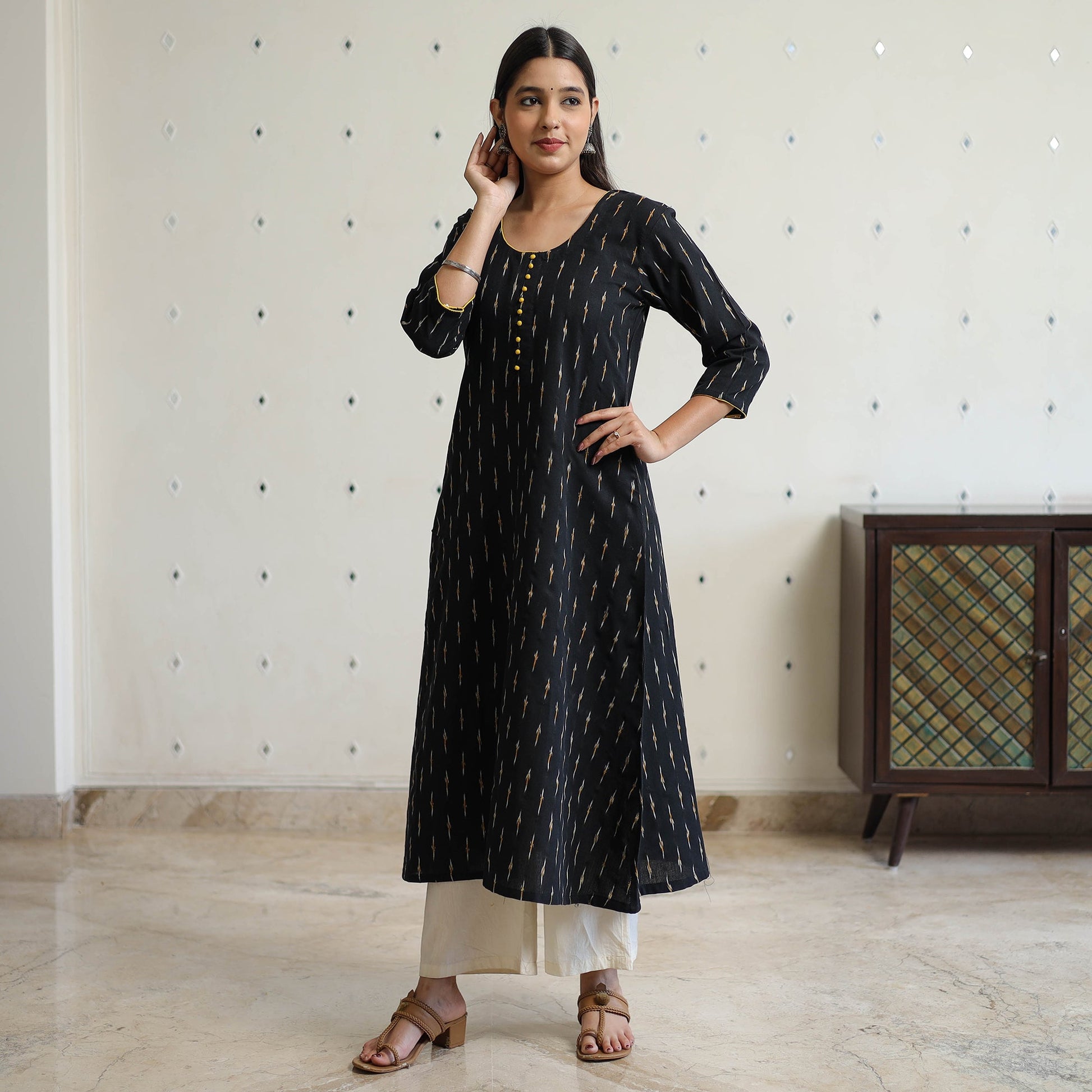 Black - Pochampally Ikat Weave Cotton A-Line Long Kurta 32