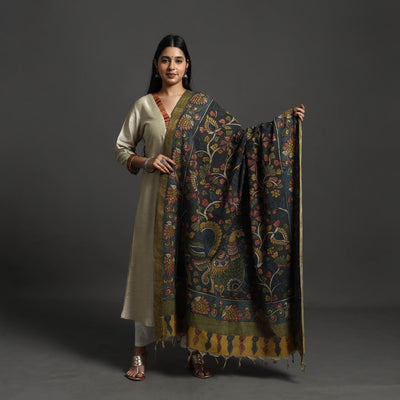 Black - Mangalagiri Cotton Handpainted Pen Work Kalamkari Dupatta 10