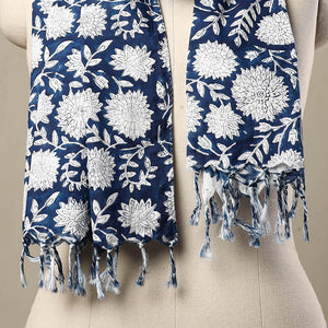 Blue - Block Print Cotton Sanganeri Stole with Tassels 243