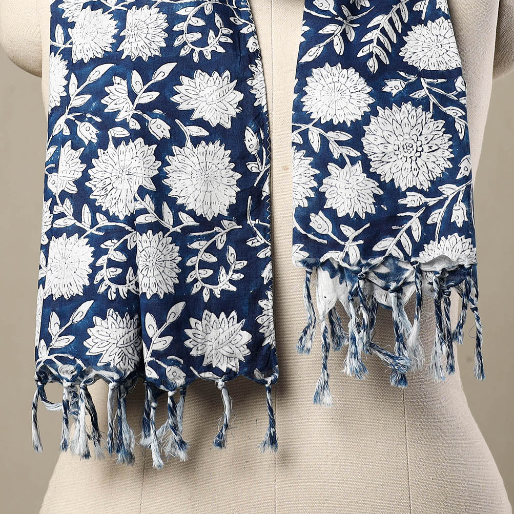 Blue - Block Print Cotton Sanganeri Stole with Tassels 243