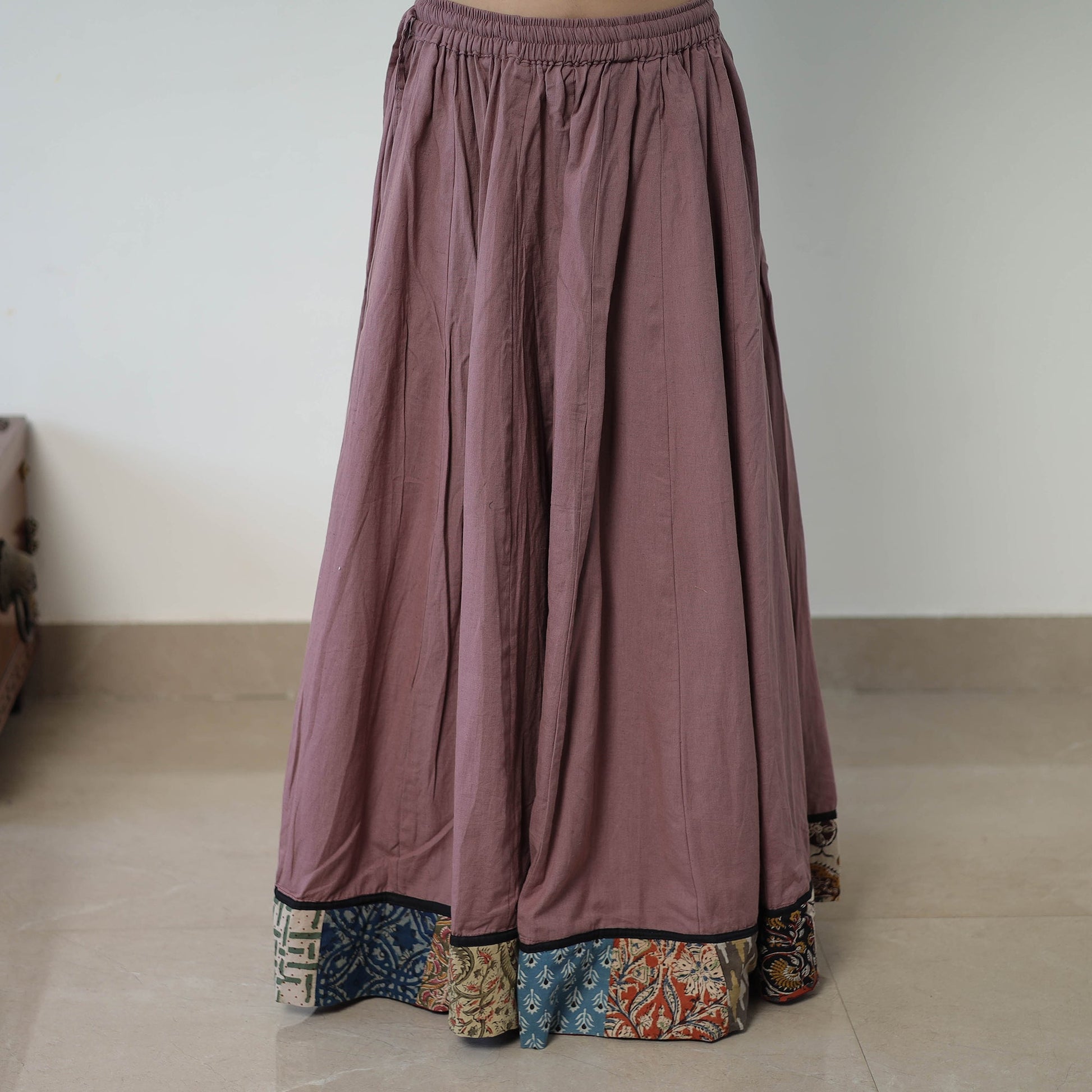 24 Kali Plain Cotton Skirt with Patchwork Border 01