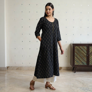 Black - Pochampally Ikat Weave Cotton A-Line Long Kurta 32