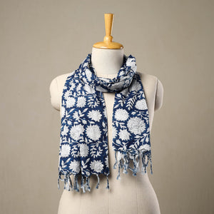 Blue - Block Print Cotton Sanganeri Stole with Tassels 243