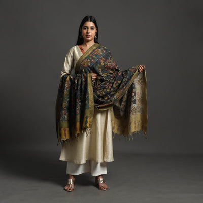 Black - Mangalagiri Cotton Handpainted Pen Work Kalamkari Dupatta 10