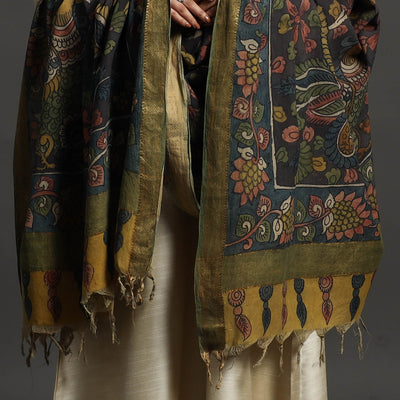 Black - Mangalagiri Cotton Handpainted Pen Work Kalamkari Dupatta 10