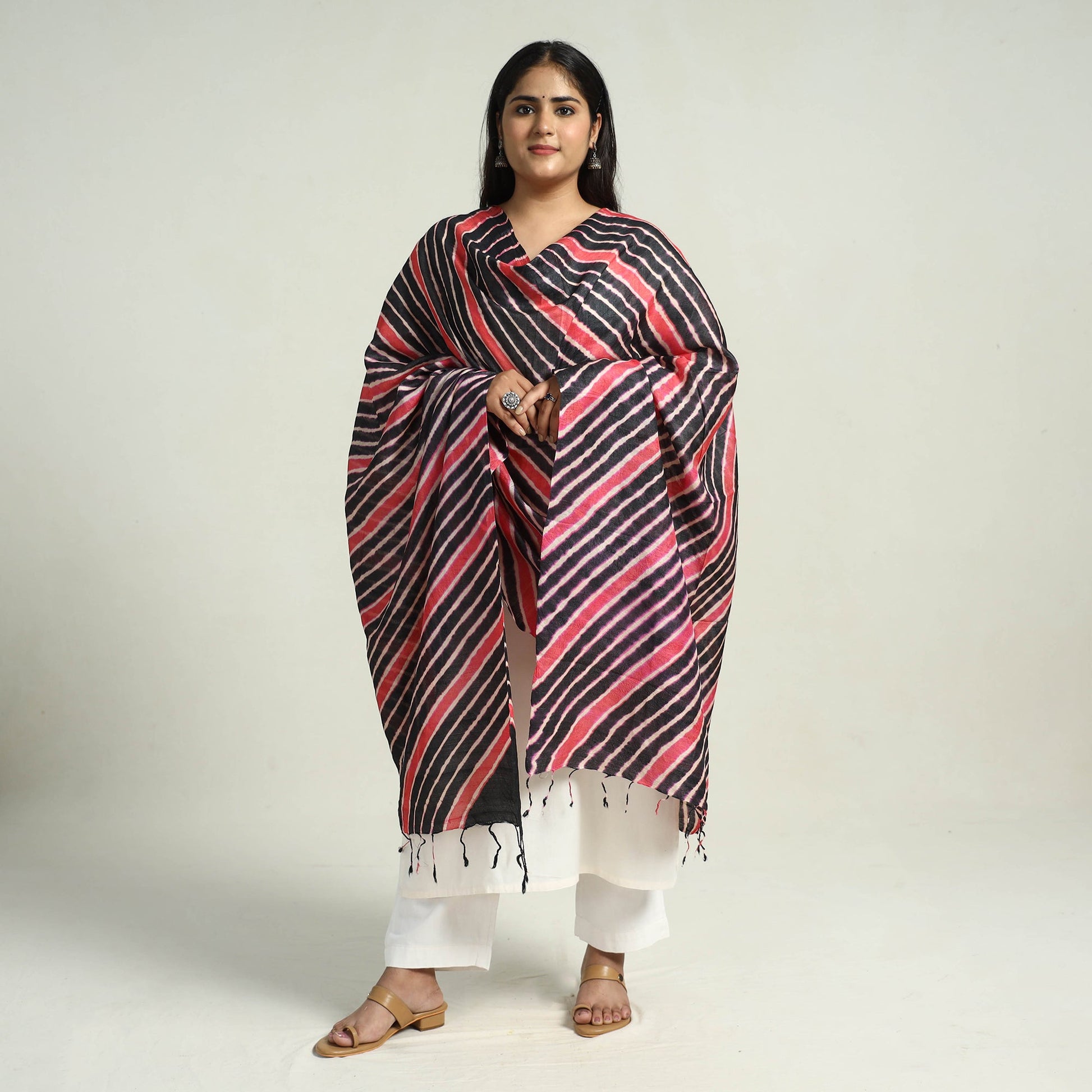 Black - Traditional Tie & Dye Tussar Silk Leheriya Dupatta 07