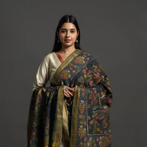 Black - Mangalagiri Cotton Handpainted Pen Work Kalamkari Dupatta 10